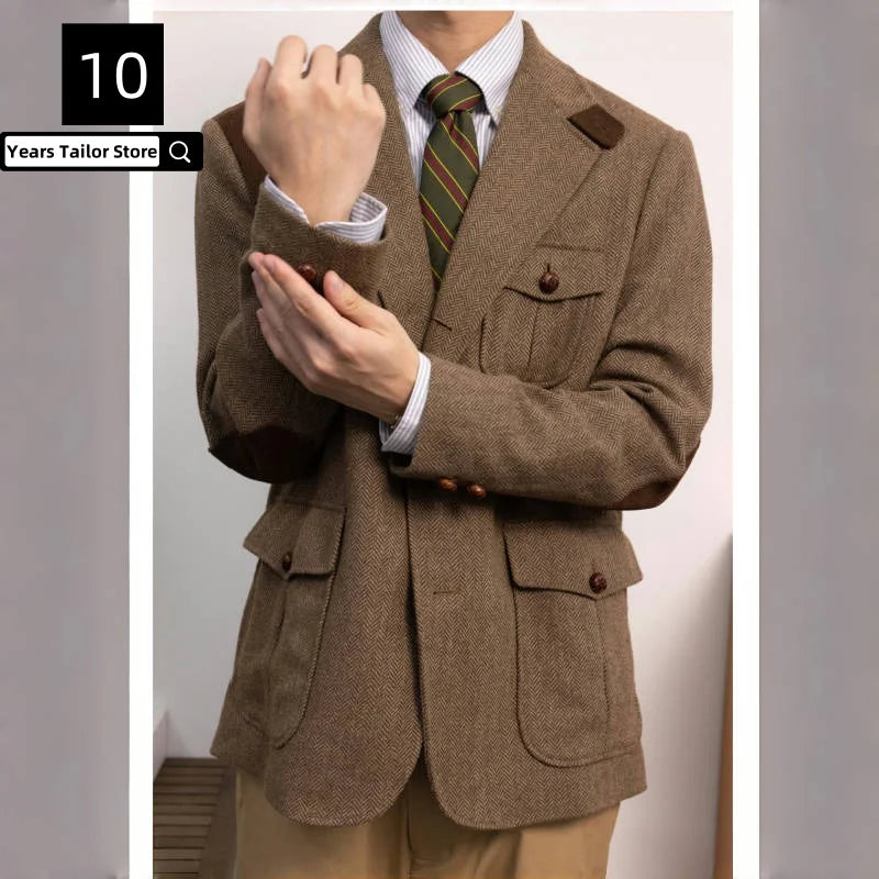 Men's Blazer Herringbone Tweed Jacket Thick Formal Vintage Style Jacket