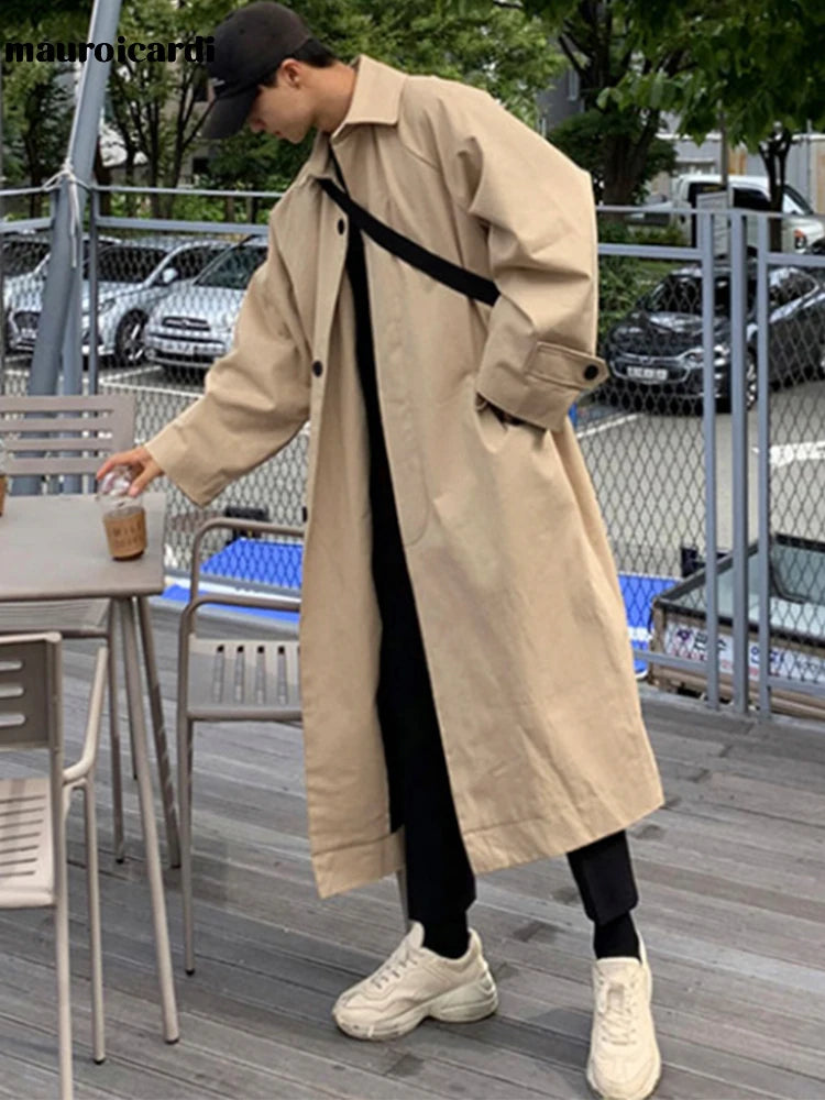 Long Oversized Trench Coat Men Raglan Sleeve Single Breasted Korean Fashion