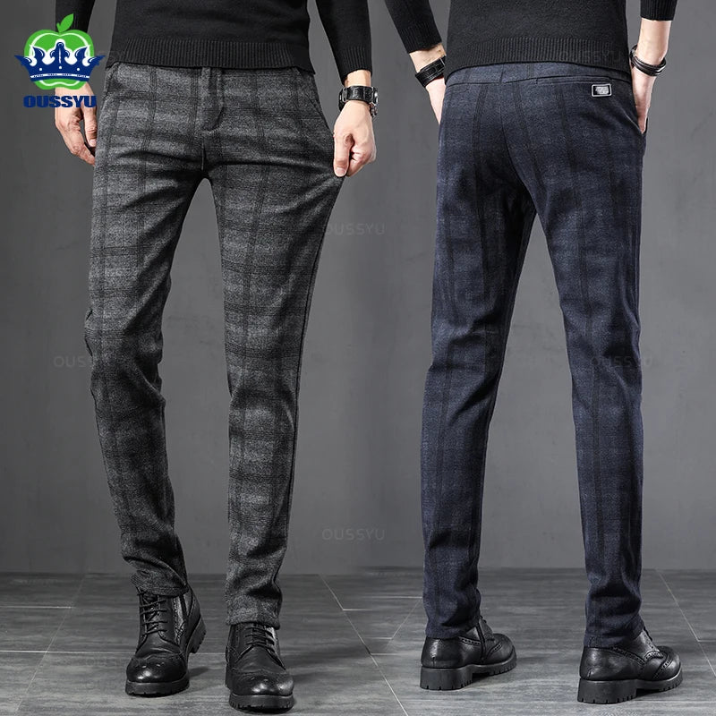 England Plaid Work Stretch Pants Men Slim Casual Pant Brand Trousers
