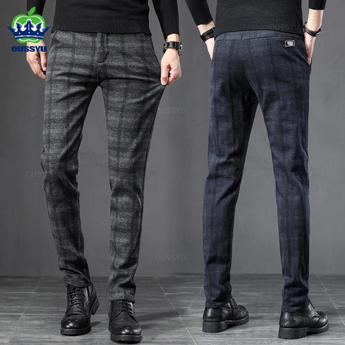 England Plaid Work Stretch Pants Men Slim Casual Pant Brand Trousers