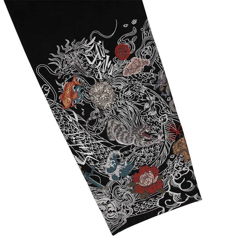 Vintage Japanese Ukiyo-e Floral Pattern Embroidery Wide Leg Jeans Trend Men Streetwear