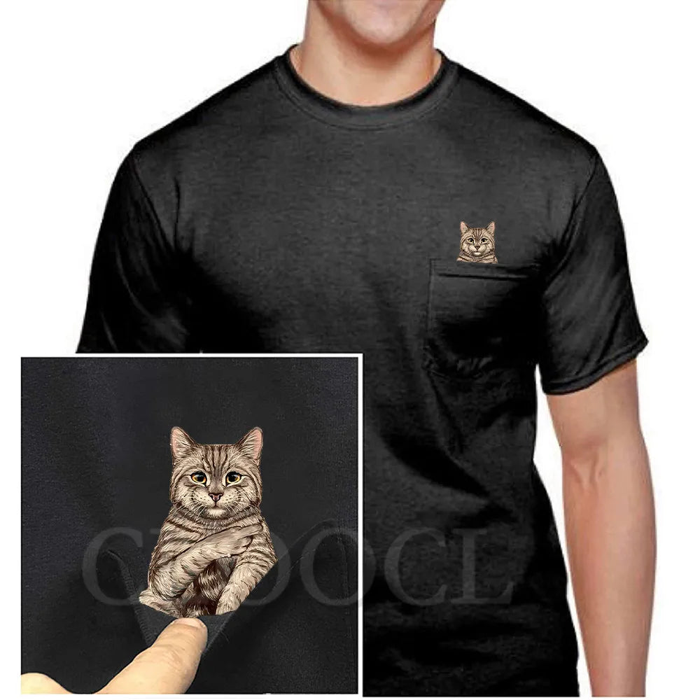 Cotton T-shirts Cartoon Tabby Kitten Double Middle Finger Pockets Shirts