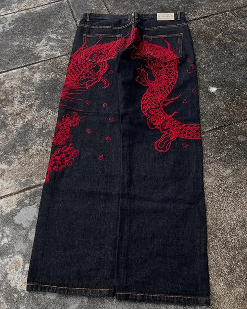 Dragon Print Men's Baggy Fit Jeans High Street  Casual Trendy Streetwear