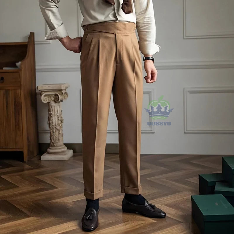 Italian Naples Style Men's Suit Pants High Waisted Straight Fit Formal Trousers