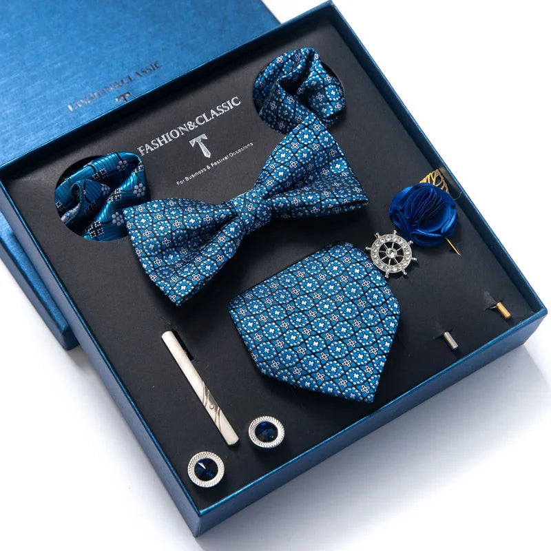 Silk Handkerchief Pocket Squares Cufflink Bow Tie Clip Necktie Set