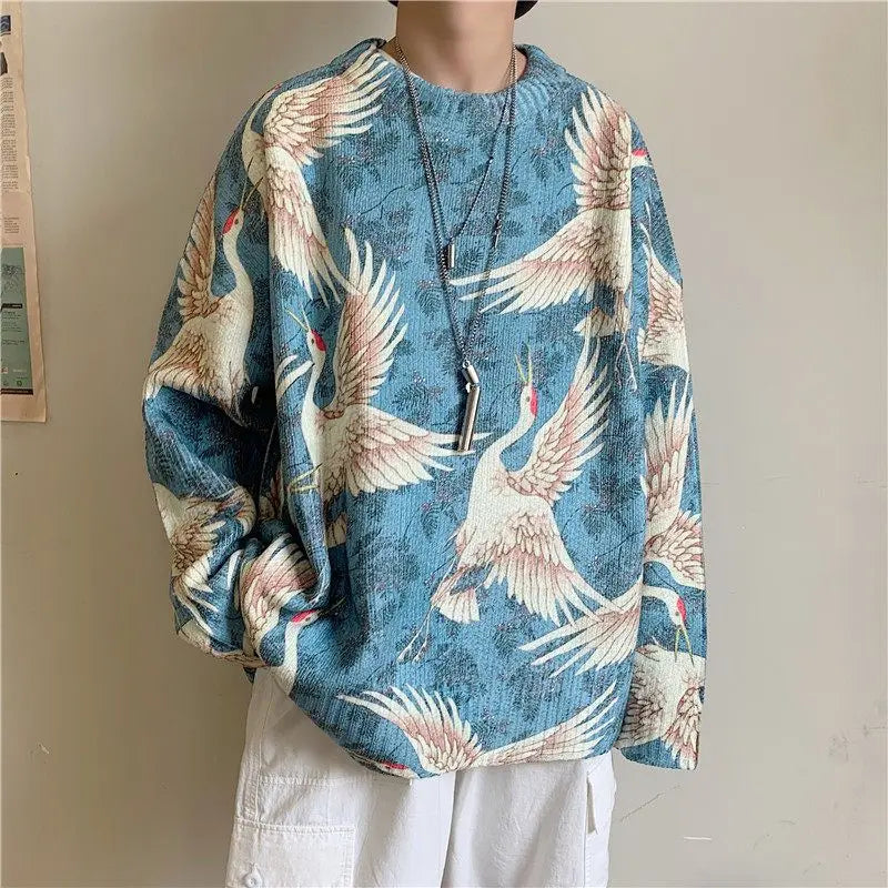 Round Neck Long Sleeve Printing Pullovers Men's Loose  Simplicity Knitting Korean Tops