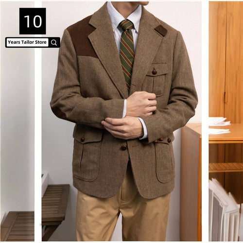 Men's Blazer Herringbone Tweed Jacket Thick Formal Vintage Style Jacket