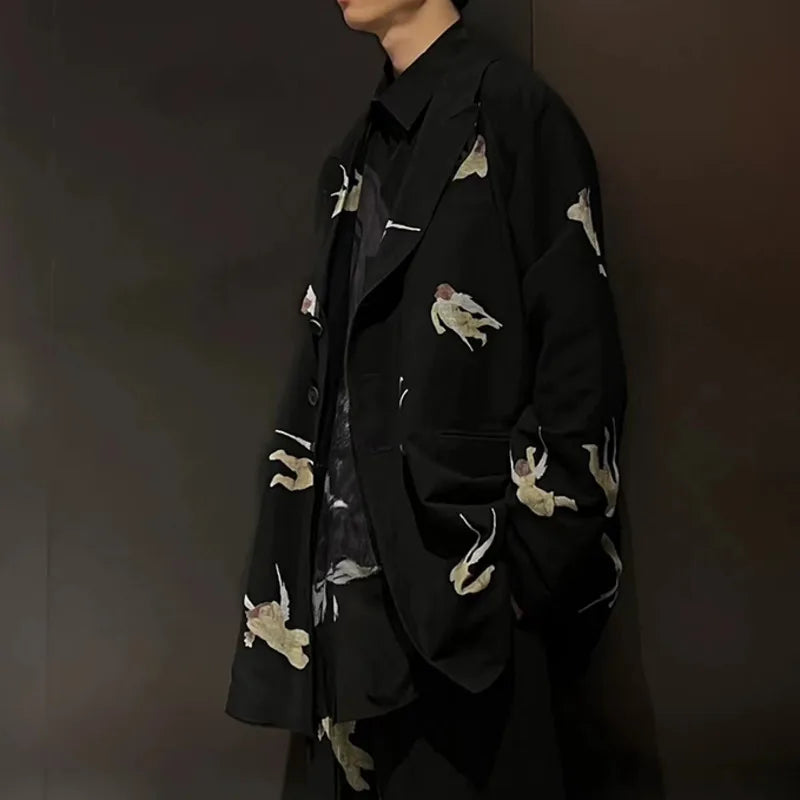 Men's Linen Blend Pattern Printed Blazer Niche Chic Straight Suit Pants