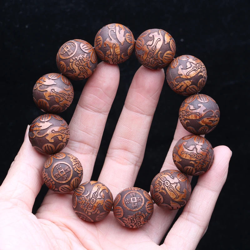 Multicolor Wooden Bracelet Men's 20mm Elastic Bead Lucky Mythical Animal Sculpture