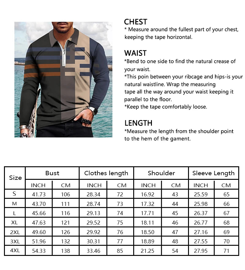 Men Long Sleeve 3D Printed Music Notes Graphic Polo Oversize Tops