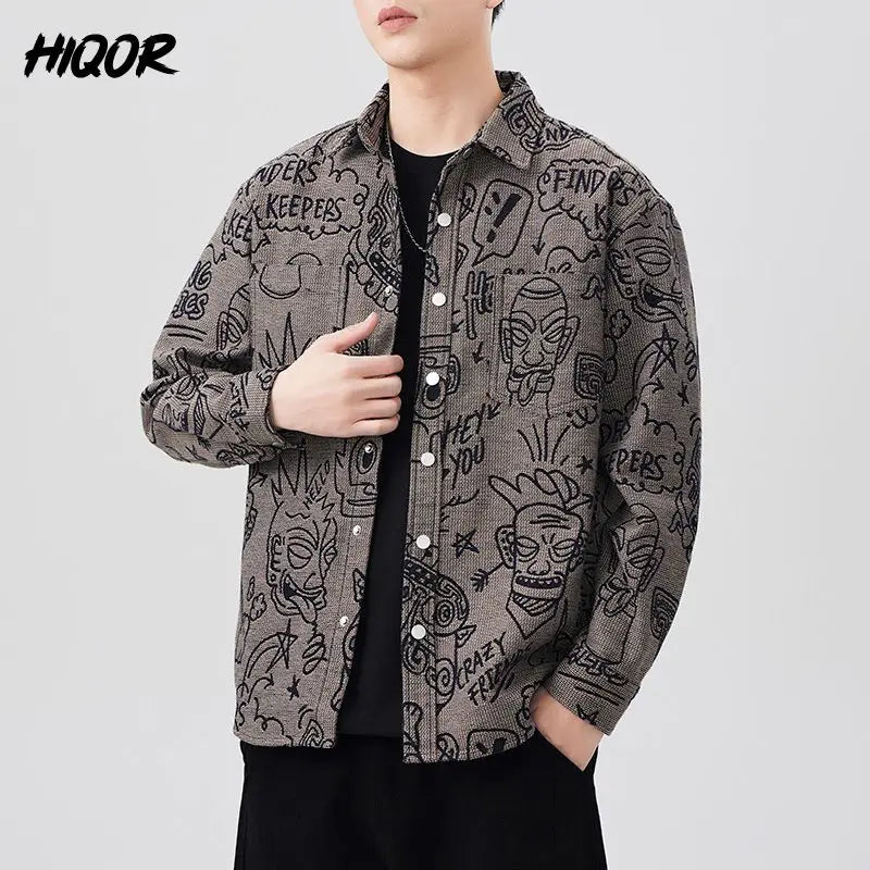 Men's Baggy Jacquard American Versatile Turn-down Collar Long Sleeve Trendy Coat