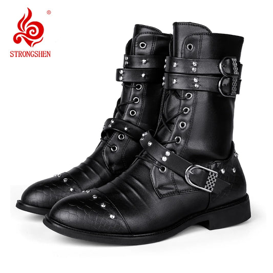 Men Leather Mid-calf Warm Black Gothic Belt Rivet Boots