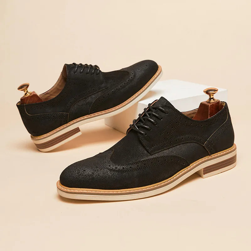 Man Derby Genuine Split Suede Leather Brogue Long Wing Dress Comfortable Shoes