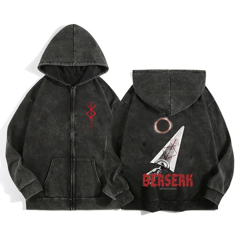 Berserk Wash Zip Up Retro Graphic Hooded Sweatshirt Cotton Unisex Hoodie