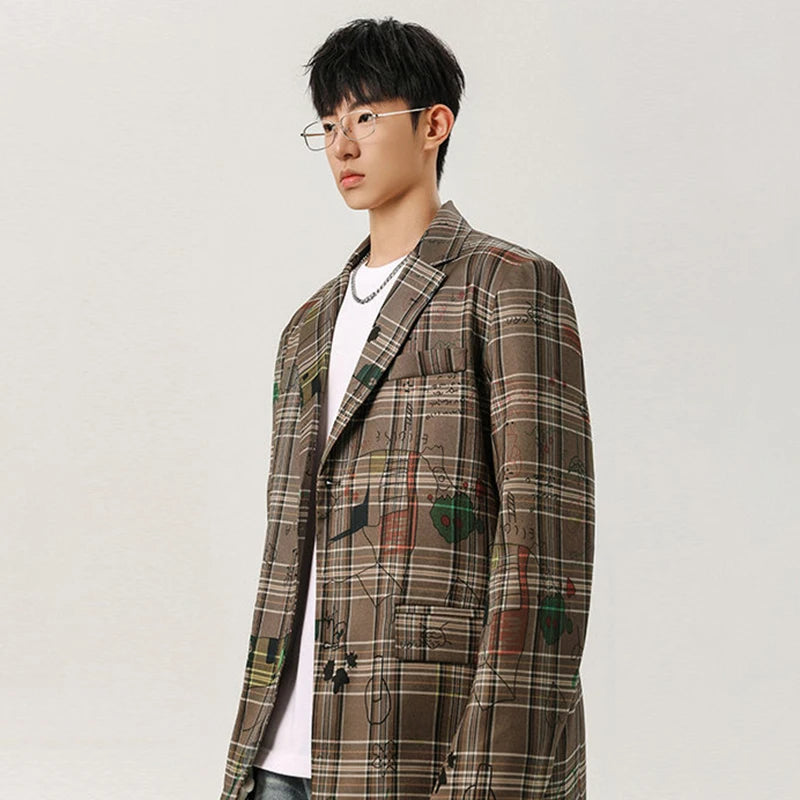 Checked Graffiti Printed Blazer Coat Men's Autumn Loose High Quality Handsome Jacket