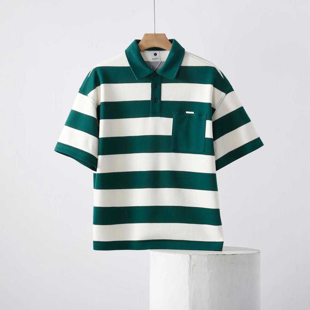 Korean Retro Striped Color Blocked Short Sleeved Men's Trend Loose And Versatile Polo Shirt