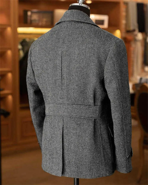 Men's Vintage Herringbone Tweed Blazer British Double Breasted Lightweight Coat