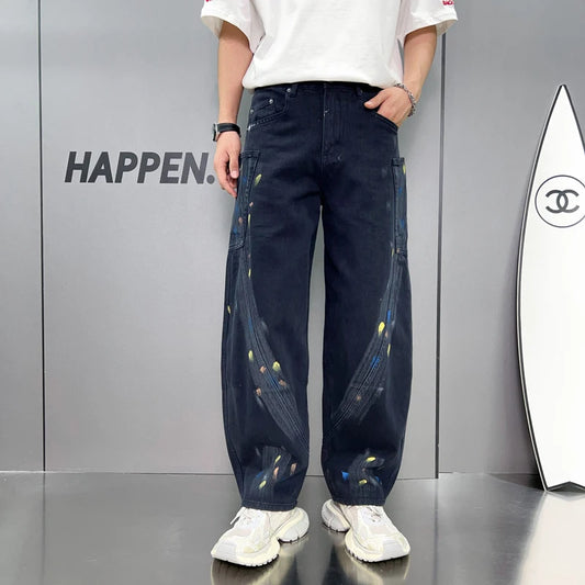 High-end dyeing hand-painted graffiti jeans Korean influx loose straight men's pants