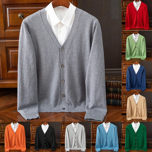 Men's Classic Solid Color Knit V-Neck Soft Baggy Cardigans Sweaters