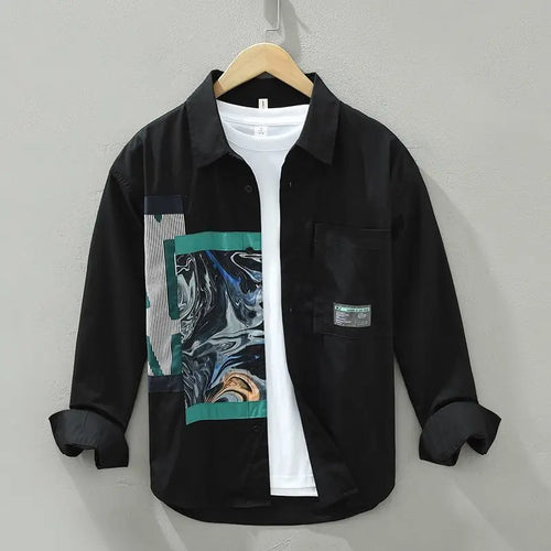 Men's Spliced Square Collar Button Printed Loose Minimalist Long Sleeve Shirts