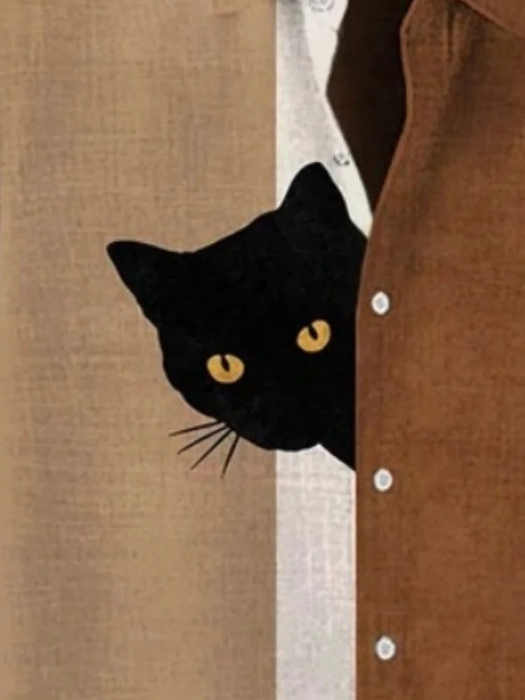 Men's Harajuku Japanese Men Fun Hide And Seek Black Cat Print 3D Printing Blouse