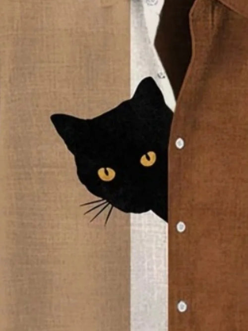 Men's Harajuku Japanese Men Fun Hide And Seek Black Cat Print 3D Printing Blouse