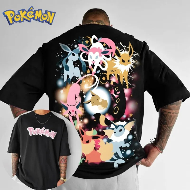 Pokémon Eevee Printed T-shirt Cotton Men's Loose Harajuku Short Sleeve Top