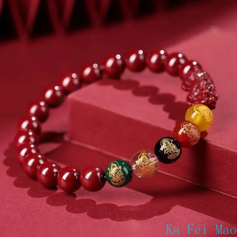 Red Cinnabar Pixiu Vintage Designer Beads Bangle Unisex Charm Carved Bracelet