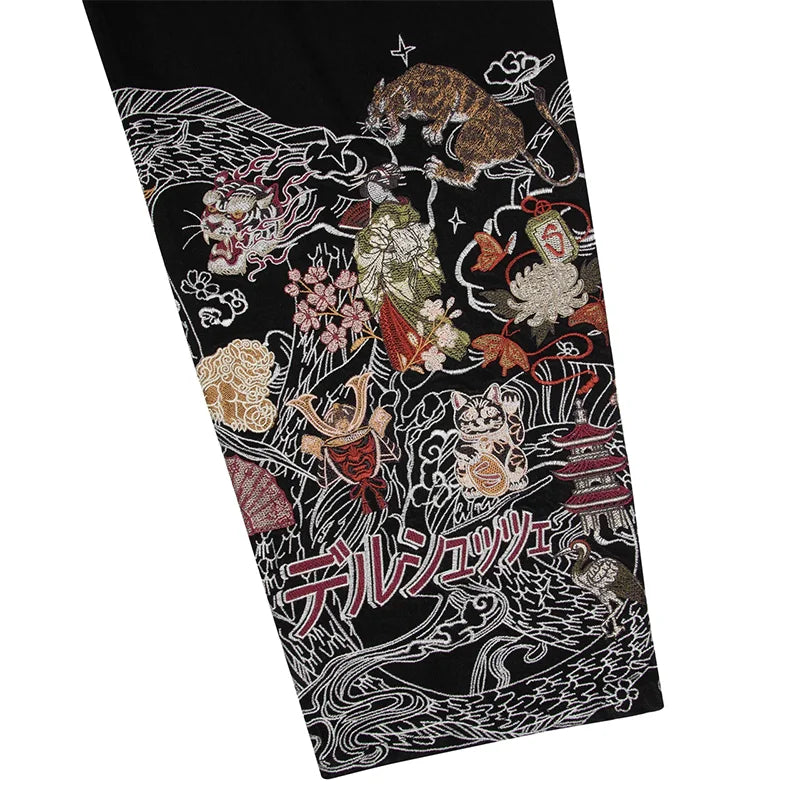 Vintage Japanese Ukiyo-e Floral Pattern Embroidery Wide Leg Jeans Trend Men Streetwear