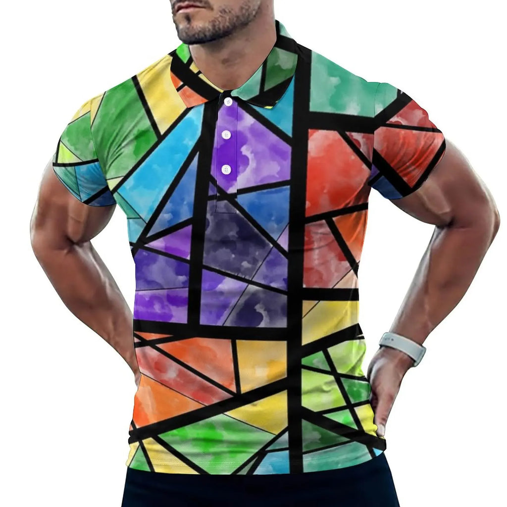 Multi Geometric Print Polo Mondrian Style Streetwear T-Shirts Collar Oversized Clothing