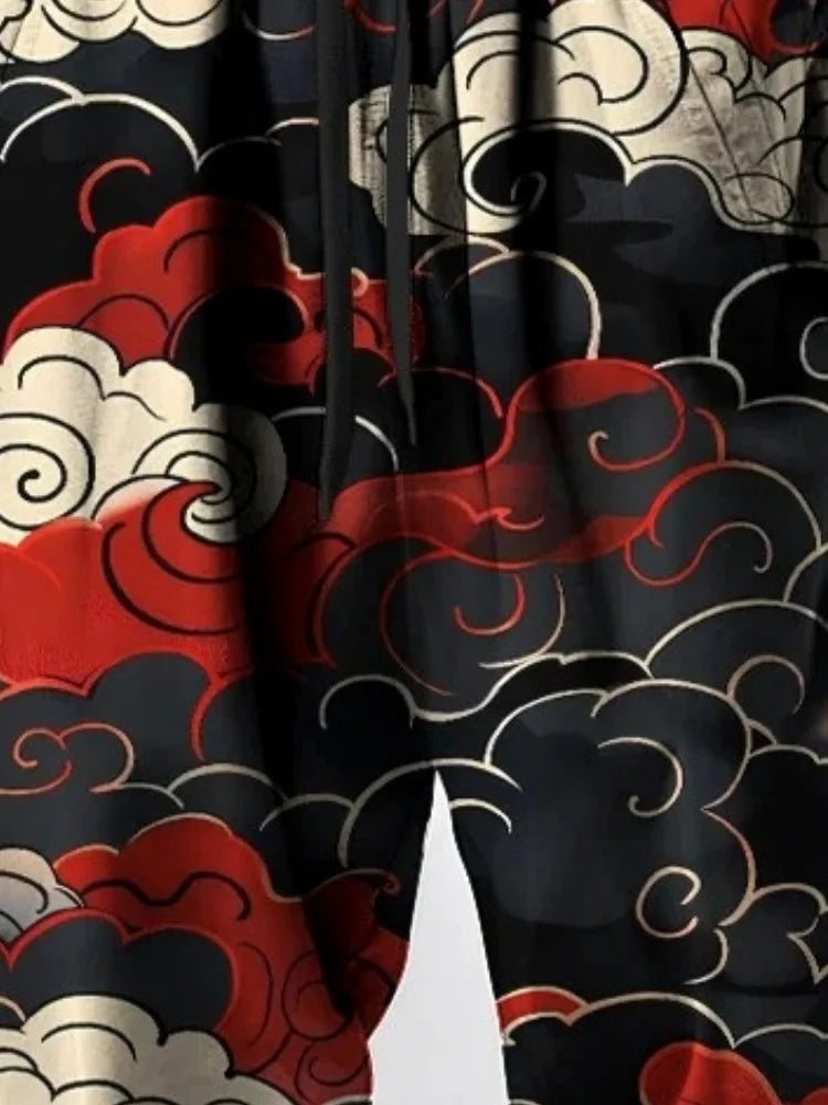 Men's Cloud Japanese Print Loose Drawstring Waist Sweatpants Oversized Harem Pants