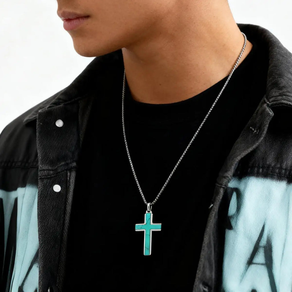 Stylish Men's Natural Onyx Necklace Waterproof Stainless Steel Cross Pendant