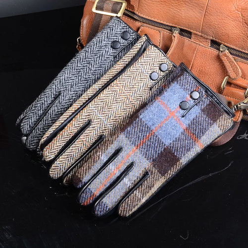 Men's Male Wool Tweed & Leather Warm Thicker Lining Short Gloves