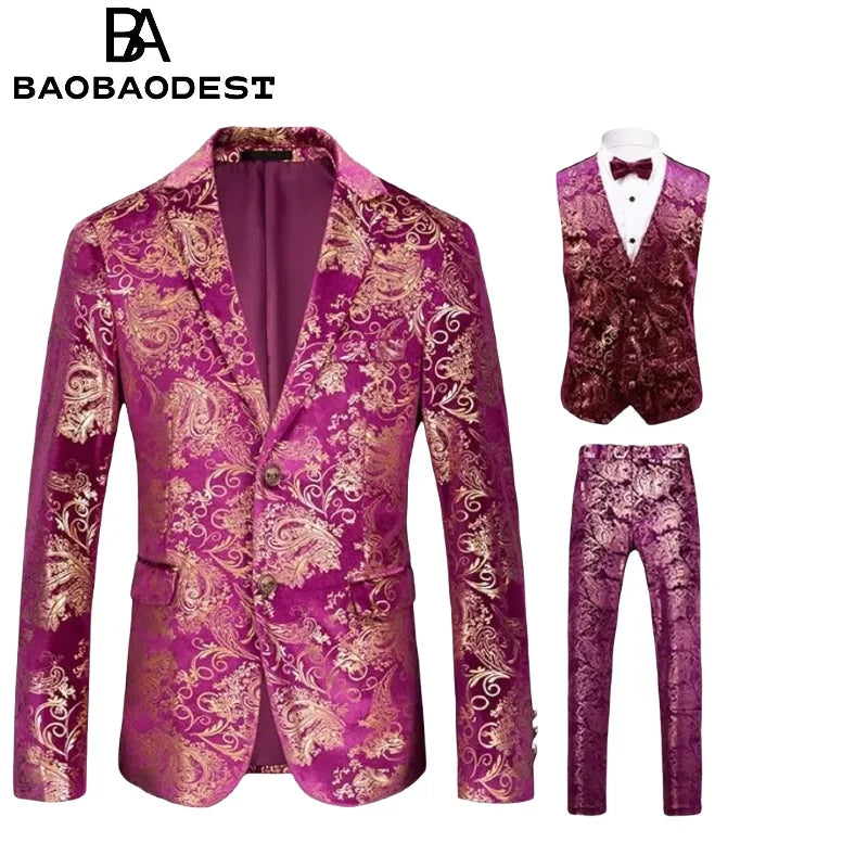 Men's 3-Piece Floral Tuxedo Suit | 2-Button Slim Fit Set (Jacket+Vest+Pants) for Themed Parties