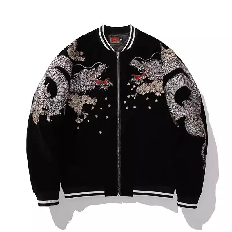 Men Sukajan  Jackets Coiled Dragon Peony Embroidered Loose Streetwear