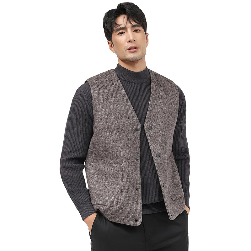 52.3% Sheep Wool Waistcoat Men Trendy Classic V-Neck Single Breasted Vest