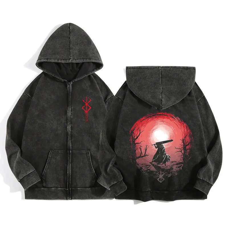 Berserk Wash Zip Up Retro Graphic Hooded Sweatshirt Cotton Unisex Hoodie
