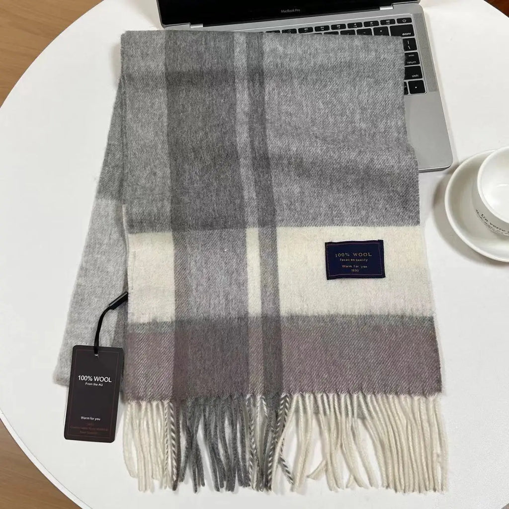 Men 100% Wool Plaid Muffler Cashmere Windproof Stripe Tassel Shaw Thick Scarf