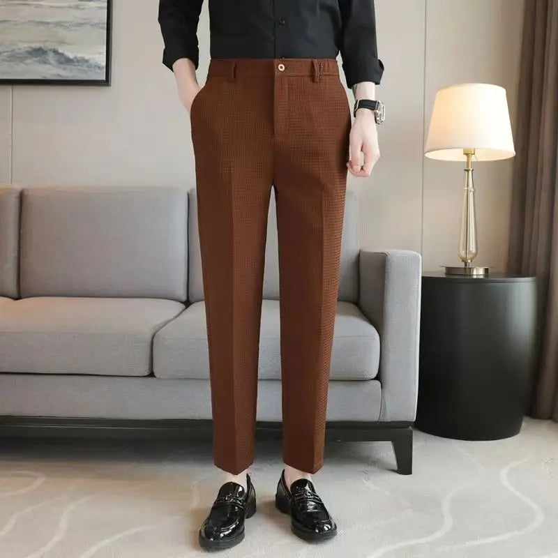 Trousers For Men Social Tailoring Slim Fit Waffle Tressed Man Suit Pants