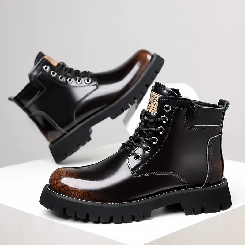 Shiny Genuine Leather Men's Platform A Men High-top Boots