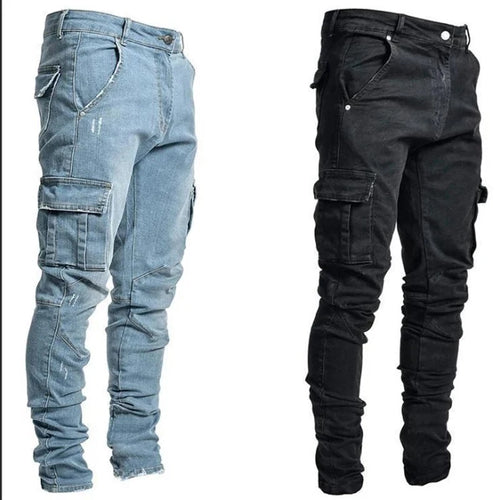 Men Elastic Denim Jeans Wash Solid Color Cargo Slim Fit Mid Waist Trousers