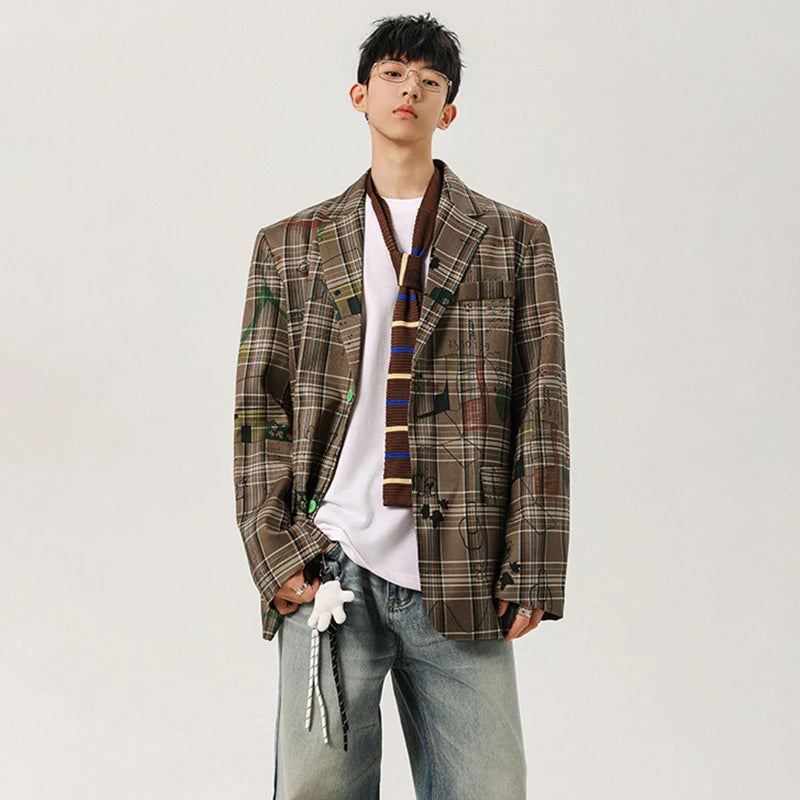 Checked Graffiti Printed Blazer Coat Men's Autumn Loose High Quality Handsome Jacket