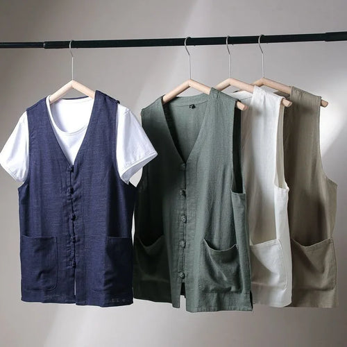 Men's Cotton Linen Breathable Chinese Retro Button Loose Vest Men Waistcoat