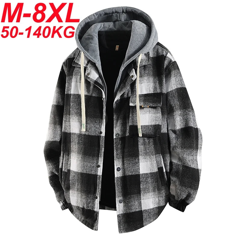 Plus Size Men's Fake 2pcs High Quality Cotton Plaid Loose Hooded Shirt Jackets