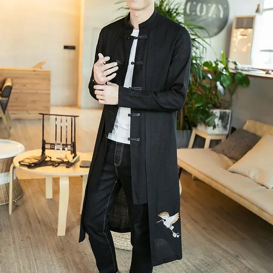 Men's Linen Embroidery Crane Kimono Vintage Long Jacket Chinese Loose Streetwear