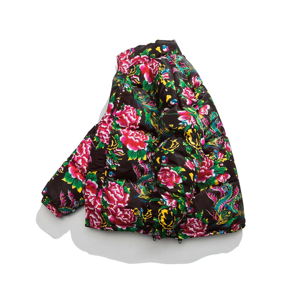 Winter Puffer Jacket Chic Flower Print Zipper Vintage Men's Chinese Patter Short Parkas