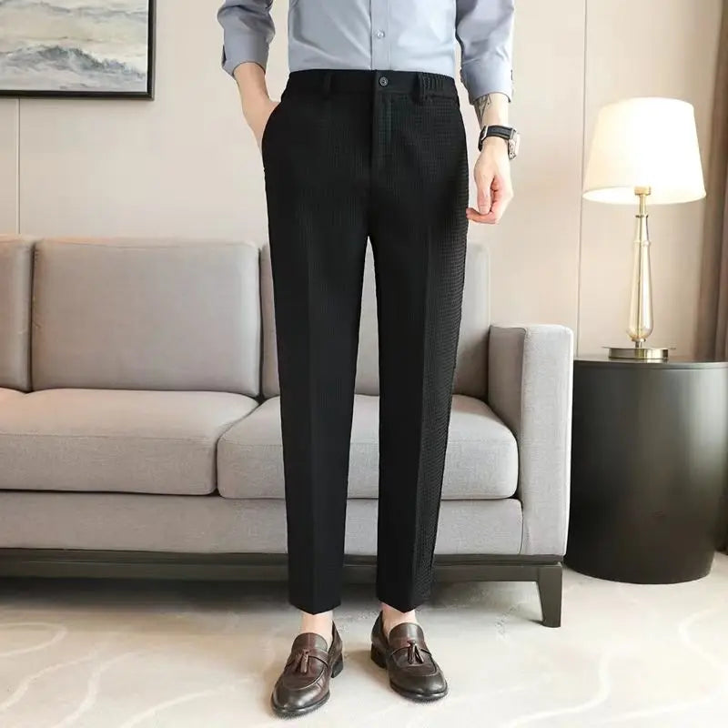 Trousers For Men Social Tailoring Slim Fit Waffle Tressed Man Suit Pants