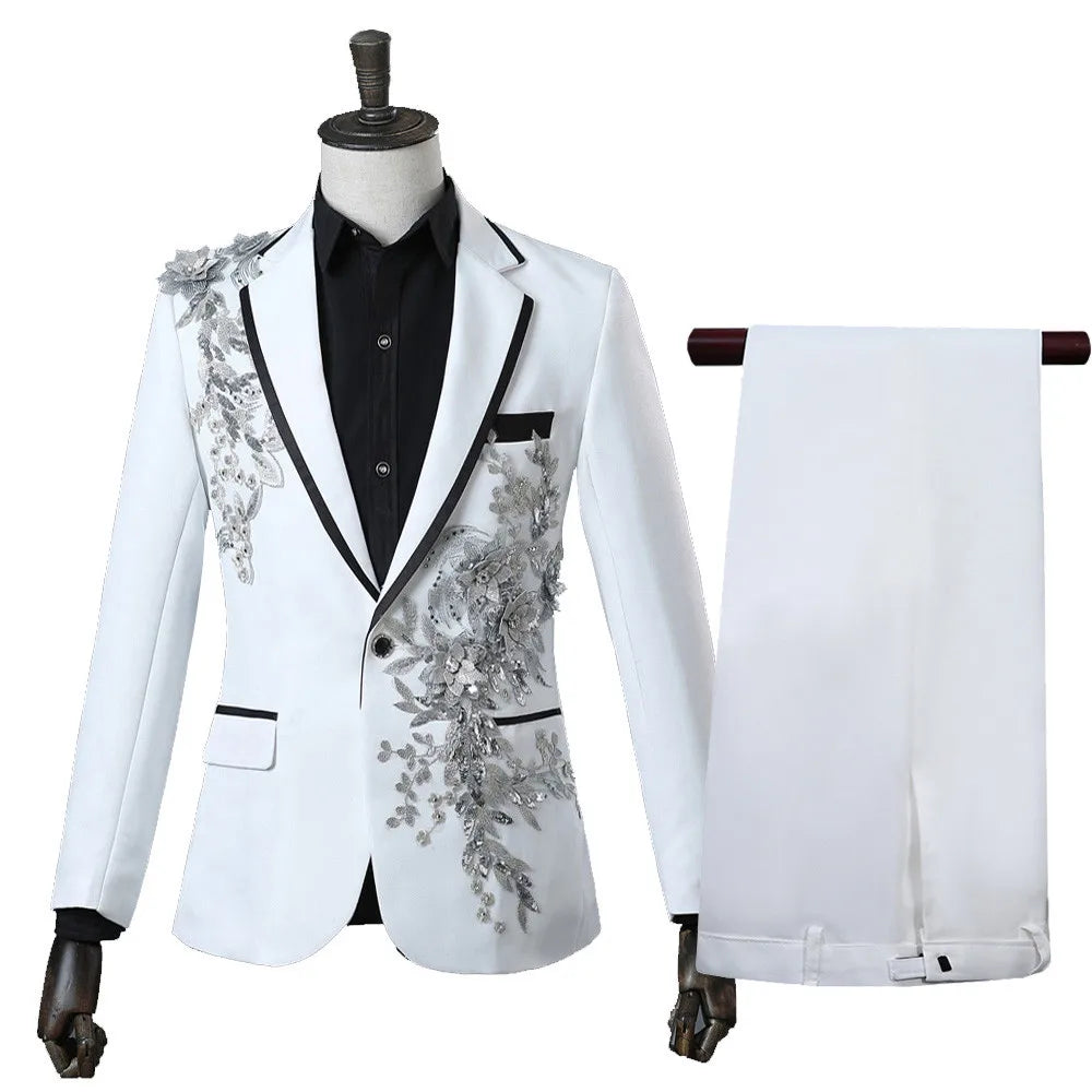 Elegant Appliqued Two-piece Men's Suit Blazer Chinese Style