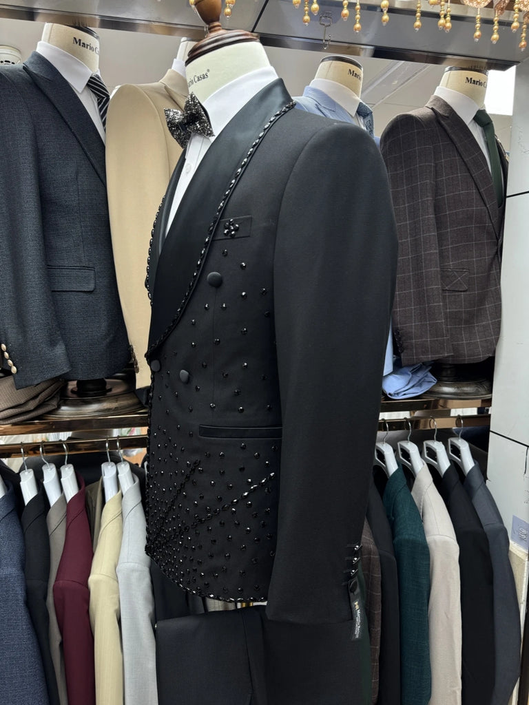 Black Shawl Lapel Beaded Men Suit Tuxedo High Quality Vintage 2-pieces