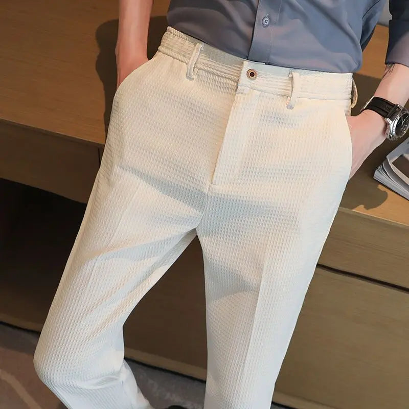 Trousers For Men Social Tailoring Slim Fit Waffle Tressed Man Suit Pants